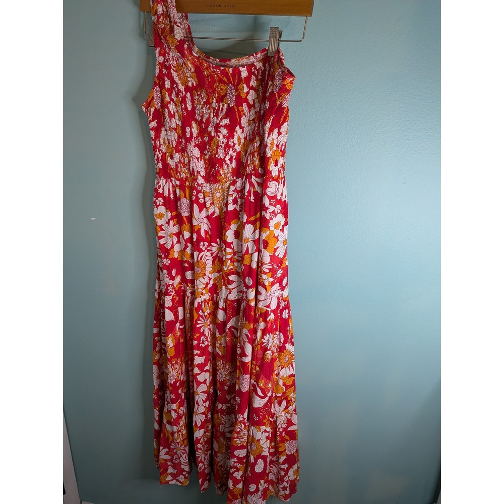 Tommy Hilfiger One Shoulder Floral Smocked Maxi Dress Red Orange‎ White Summer
